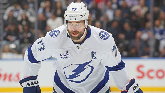 TORONTO, CANADA - JANUARY 20: Victor Hedman #77 of the Tampa Bay Lightning waits for a faceoff against the Toronto Maple Leafs during the first period in an NHL game at Scotiabank Arena on January 20, 2025 in Toronto, Ontario, Canada.