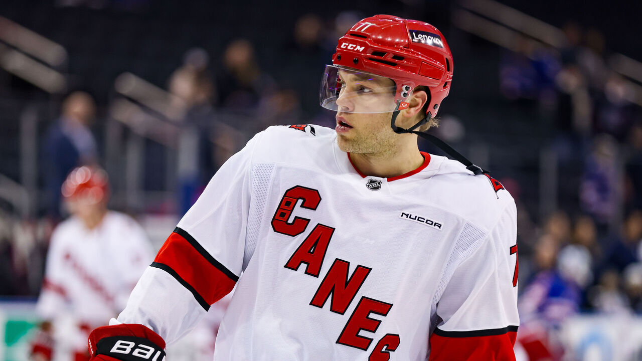 NEW YORK, NY - JANUARY 28: Carolina Hurricanes Left Wing Taylor Hall (71) is pictured prior to the National Hockey League game between the Carolina Hurricanes and the New York Rangers on January 28, 2025 at Madison Square Garden in New York, NY.
