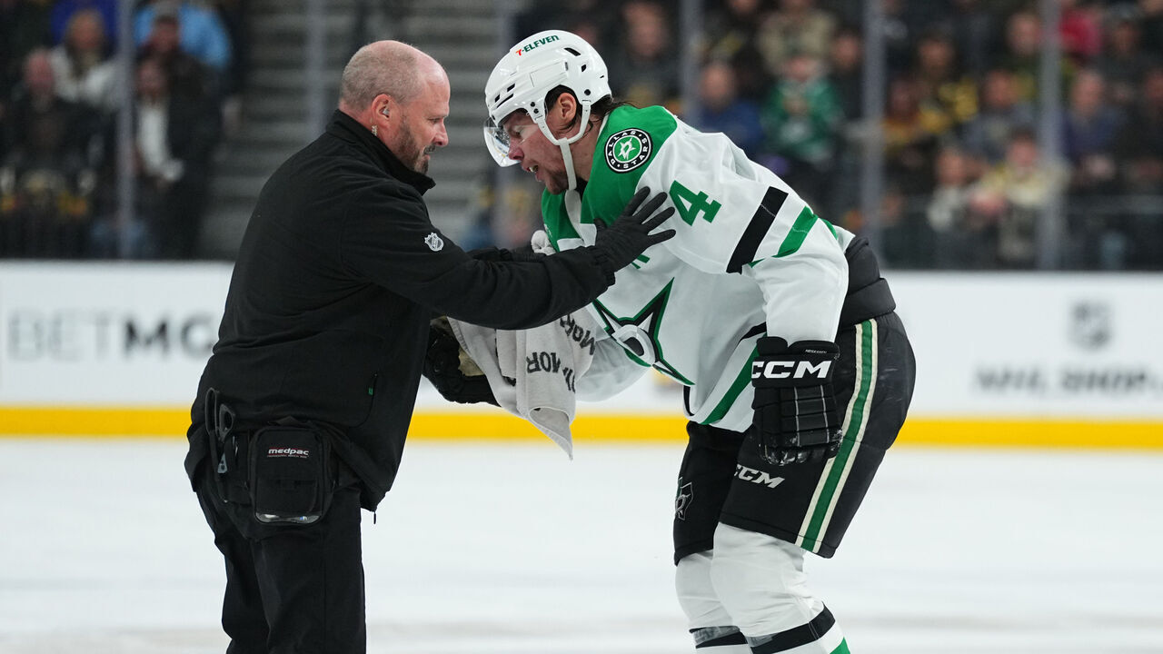 LAS VEGAS, NEVADA - JANUARY 28: Miro Heiskanen #4 of the Dallas Stars reacts after a hit from Mark Stone #61 of the Vegas Golden Knights during the third period at T-Mobile Arena on January 28, 2025 in Las Vegas, Nevada.