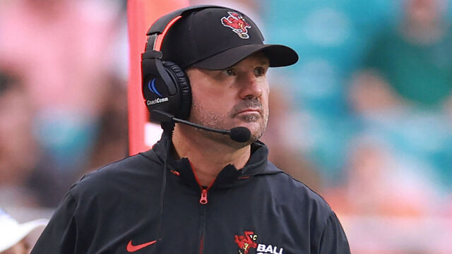 MIAMI GARDENS, FLORIDA - SEPTEMBER 14: Ball State Cardinals head coach Mike Neu looks on against the Miami Hurricanes during the first half at Hard Rock Stadium on September 14, 2024 in Miami Gardens, Florida.