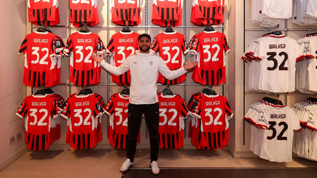 MILAN, ITALY - JANUARY 27: AC Milan New Signing Kyle Walker Visits Club's Official Flagship Stores on January 27, 2025 in Milan, Italy.