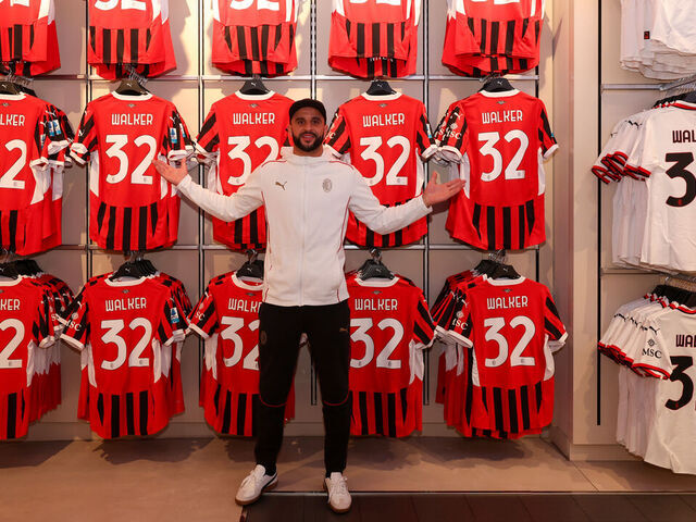 MILAN, ITALY - JANUARY 27: AC Milan New Signing Kyle Walker Visits Club's Official Flagship Stores on January 27, 2025 in Milan, Italy.