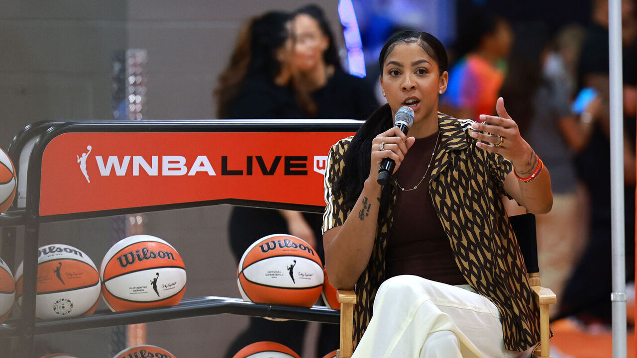 LAS VEGAS, NV - JULY 14: Candace Parker of the Las Vegas Aces participates during a CarMax panel discussion during WNBA Live as part of 2023 WNBA All-Star Weekend on July 14, 2023 at Mandalay Bay Resort and Casino in Las Vegas, Nevada. Mandatory Copyright Notice: Copyright 2023 NBAE