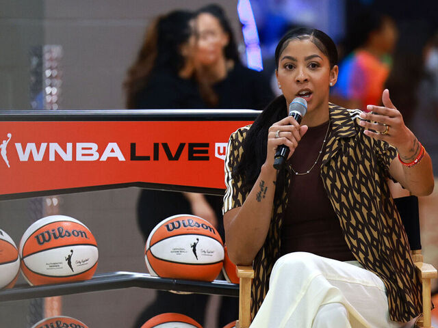 LAS VEGAS, NV - JULY 14: Candace Parker of the Las Vegas Aces participates during a CarMax panel discussion during WNBA Live as part of 2023 WNBA All-Star Weekend on July 14, 2023 at Mandalay Bay Resort and Casino in Las Vegas, Nevada. Mandatory Copyright Notice: Copyright 2023 NBAE