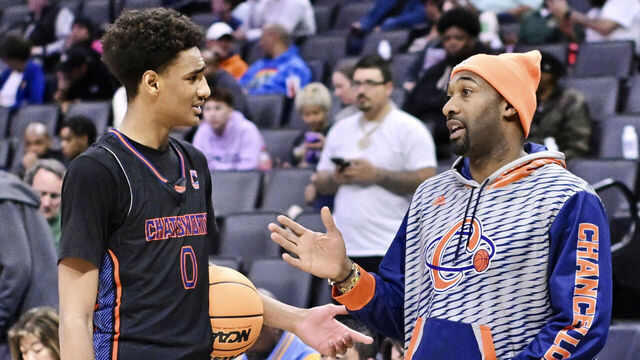 Sacramento, Ca - March 09: Former NBA player Gilbert Arenas talks with his son Alijah Arenas of Chatsworth at halftime against Monterey during a CIF State Division IV boys basketball championship game at the Golden 1 Center in Sacramento on Saturday, March 9, 2024.