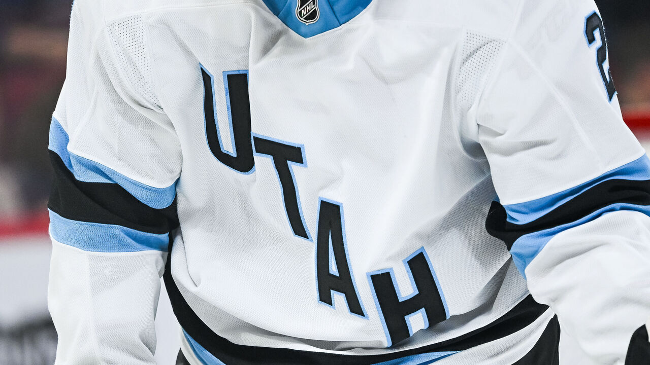 MONTREAL, QC - NOVEMBER 26: View of a Utah Hockey Club logo on a jersey worn by a member of the team during the Utah Hockey Club versus the Montreal Canadiens game on November 26, 2024, at Bell Centre in Montreal, QC