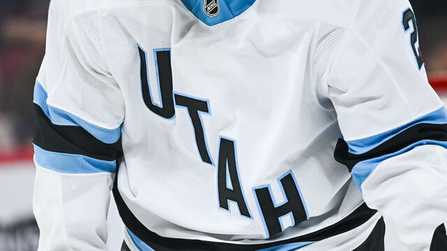 MONTREAL, QC - NOVEMBER 26: View of a Utah Hockey Club logo on a jersey worn by a member of the team during the Utah Hockey Club versus the Montreal Canadiens game on November 26, 2024, at Bell Centre in Montreal, QC