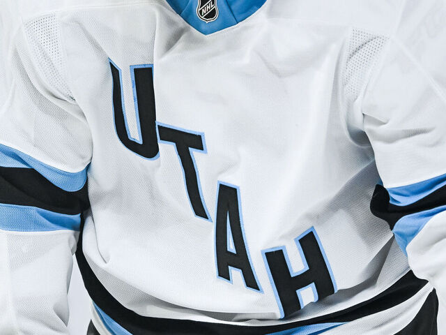 MONTREAL, QC - NOVEMBER 26: View of a Utah Hockey Club logo on a jersey worn by a member of the team during the Utah Hockey Club versus the Montreal Canadiens game on November 26, 2024, at Bell Centre in Montreal, QC