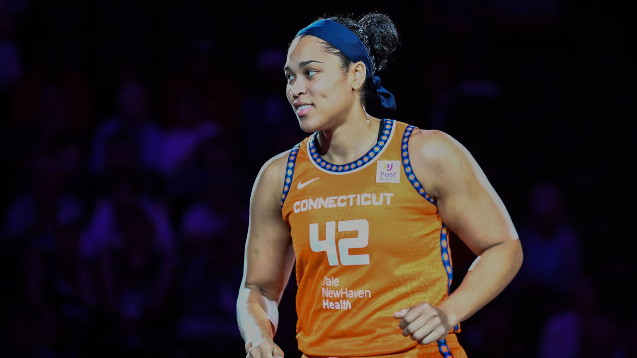 UNCASVILLE, CT - SEPTEMBER 17: Connecticut Sun forward Brionna Jones (42) looks on before a WNBA game between the Minnesota Lynx and the Connecticut Sun on September 17,2024, at Mohegan Sun Arena in Uncasville, CT.