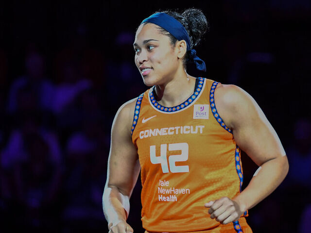 UNCASVILLE, CT - SEPTEMBER 17: Connecticut Sun forward Brionna Jones (42) looks on before a WNBA game between the Minnesota Lynx and the Connecticut Sun on September 17,2024, at Mohegan Sun Arena in Uncasville, CT.