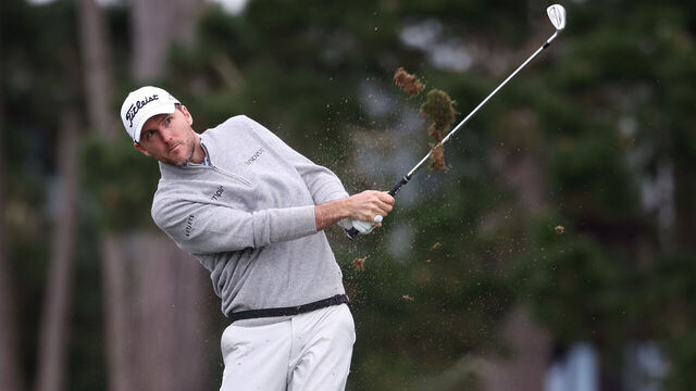 PEBBLE BEACH, CALIFORNIA - JANUARY 30: Russell Henley of the United States plays a shot on the 18th hole during the first round of the AT&T Pebble Beach Pro-Am 2025 at Spyglass Hill golf course on January 30, 2025 in Pebble Beach, California.