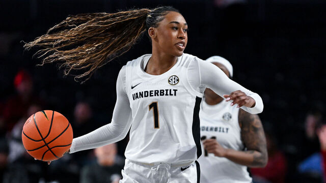 NASHVILLE, TENNESSEE - JANUARY 23: Mikayla Blakes #1 of the Vanderbilt Commodores drives towards the basket against the Arkansas Razorbacks in the second half at Vanderbilt University Memorial Gymnasium on January 23, 2025 in Nashville, Tennessee.