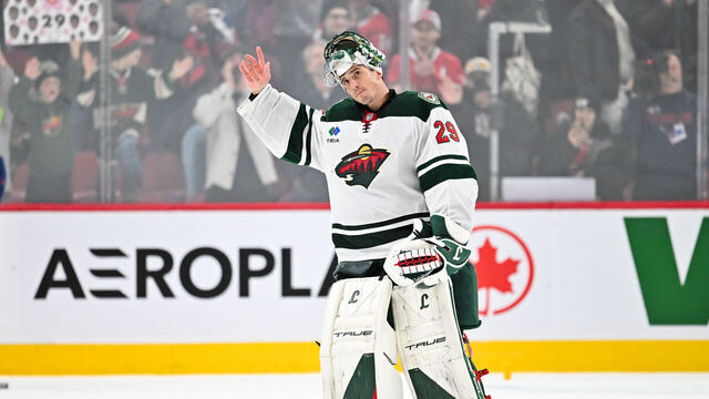 MONTREAL, CANADA - JANUARY 30: Marc-Andre Fleury #29 of the Minnesota Wild thanks the spectators as he receives a standing ovation for his illustrious NHL career after a victory against the Montreal Canadiens at the Bell Centre on January 30, 2025 in Montreal, Quebec, Canada. The Minnesota Wild defeated the Montreal Canadiens 4-0.