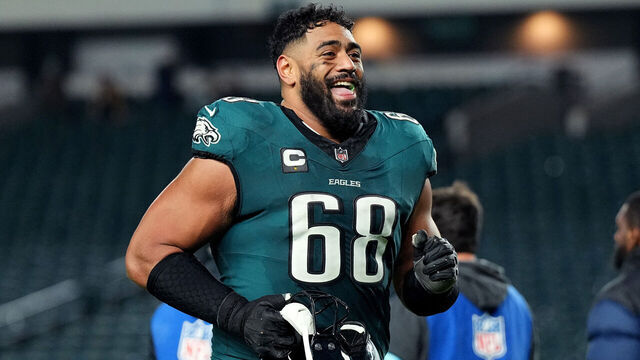 PHILADELPHIA, PENNSYLVANIA - DECEMBER 15: Jordan Mailata #68 of the Philadelphia Eagles reacts after defeating the Pittsburgh Steelers 27-13 at Lincoln Financial Field on December 15, 2024 in Philadelphia, Pennsylvania.