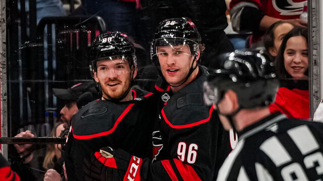 RALEIGH, NORTH CAROLINA - JANUARY 30: Mikko Rantanen #96 of the Carolina Hurricanes celebrates after a goal during the second period against the Chicago Blackhawks at Lenovo Center on January 30, 2025 in Raleigh, North Carolina.