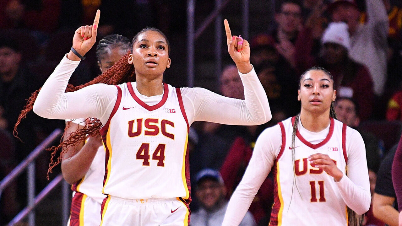 LOS ANGELES, CA - JANUARY 30: USC Trojans forward Kiki Iriafen (44) celebrates after a basket during the women's college basketball game between the Minnesota Golden Gophers and the USC Trojans on January 30, 2025 at Galen Center in Los Angeles, CA.