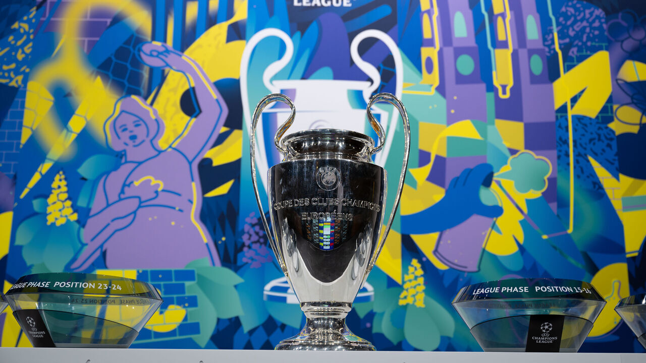 NYON, SWITZERLAND - JANUARY 31: A detailed view of the UEFA Champions League trophy on stage during the UEFA Champions League 2024/25 Knockout Round Play-offs Draw at the UEFA Headquarters, The House of the European Football, on January 31, 2025, in Nyon, Switzerland.