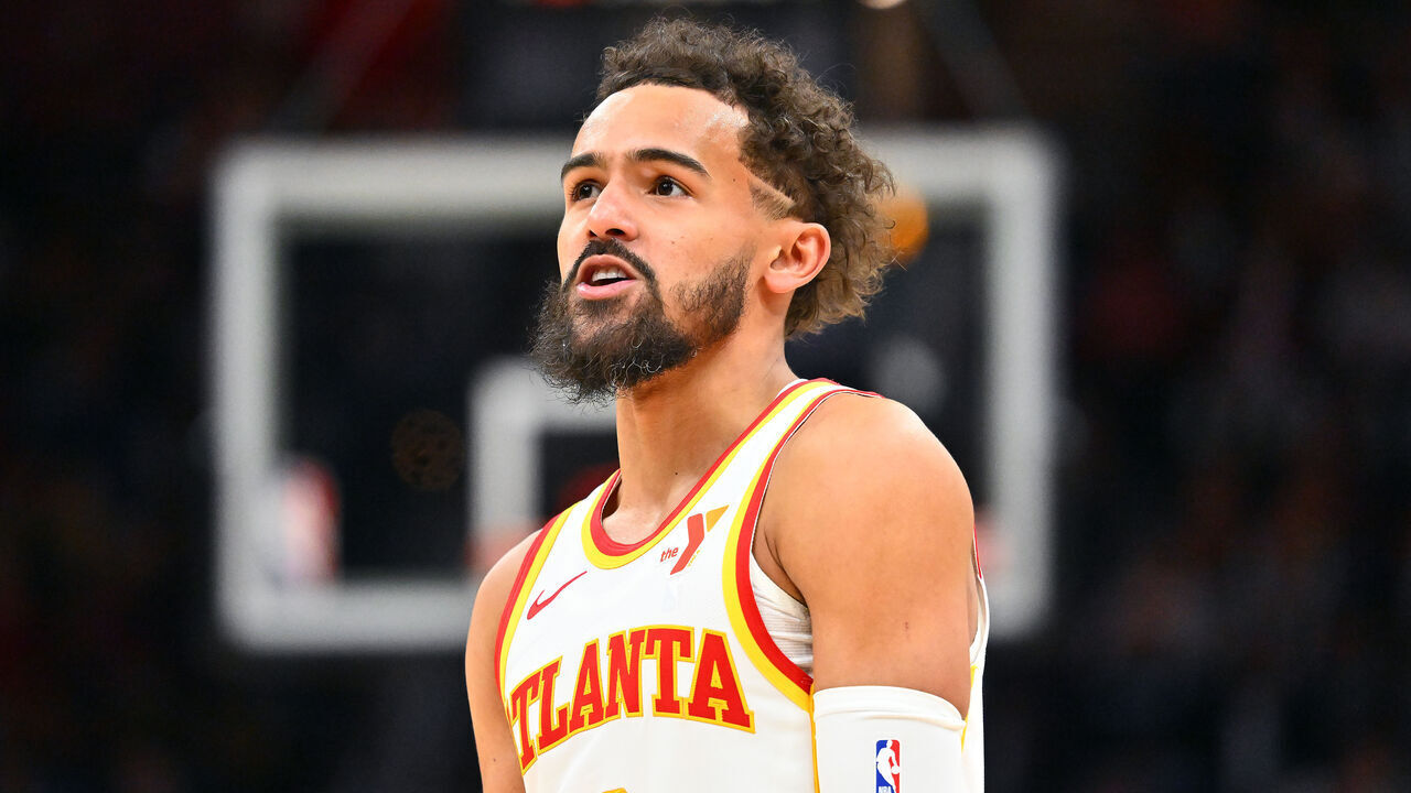 CLEVELAND, OHIO - JANUARY 30: Trae Young #11 of the Atlanta Hawks reacts during the third quarter against the Cleveland Cavaliers at Rocket Mortgage Fieldhouse on January 30, 2025 in Cleveland, Ohio. The Cavaliers defeated the Hawks 137-115.