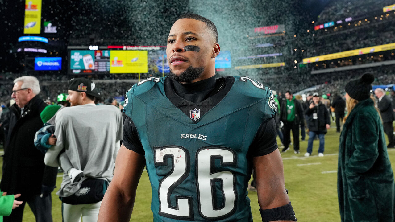 PHILADELPHIA, PENNSYLVANIA - JANUARY 26: Saquon Barkley #26 of the Philadelphia Eagles looks on after defeating the Washington Commanders 55-23 to win the NFC Championship Game at Lincoln Financial Field on January 26, 2025 in Philadelphia, Pennsylvania.
