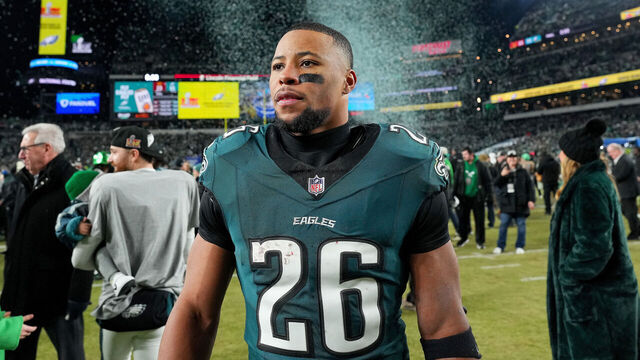 PHILADELPHIA, PENNSYLVANIA - JANUARY 26: Saquon Barkley #26 of the Philadelphia Eagles looks on after defeating the Washington Commanders 55-23 to win the NFC Championship Game at Lincoln Financial Field on January 26, 2025 in Philadelphia, Pennsylvania.