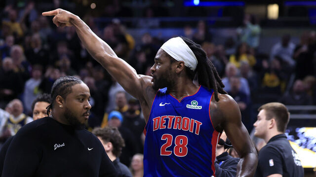 INDIANAPOLIS, INDIANA - JANUARY 29: Isaiah Stewart #28 of the Detroit Pistons reacts after he is ejected from the game against the Indiana Pacers during the first half at Gainbridge Fieldhouse on January 29, 2025 in Indianapolis, Indiana.