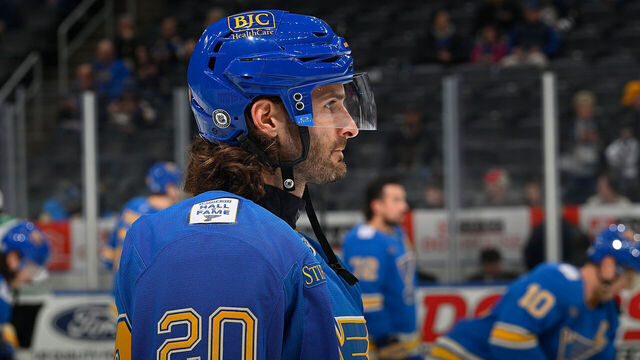 ST. LOUIS, MO - JANUARY 25: Brandon Saad #20 of the St. Louis Blues during warmups against the Dallas Stars on January 25, 2025 at the Enterprise Center in St. Louis, Missouri.