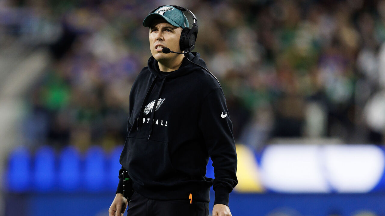 INGLEWOOD, CALIFORNIA - NOVEMBER 24: Offensive coordinator Kellen Moore of the Philadelphia Eagles stands on the field during the second half of an NFL football game against the Los Angeles Rams, at SoFi Stadium on November 24, 2024 in Inglewood, California.