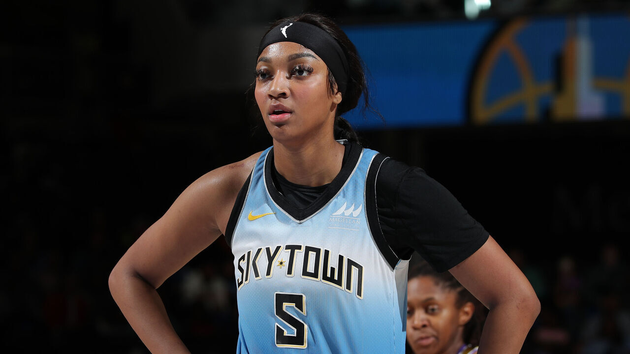 CHICAGO, IL - SEPTEMBER 6: Angel Reese #5 of the Chicago Sky looks on during the game against the Los Angeles Sparks on September 6, 2024 at the Wintrust Arena in Chicago, IL. Mandatory Copyright Notice: Copyright 2024 NBAE