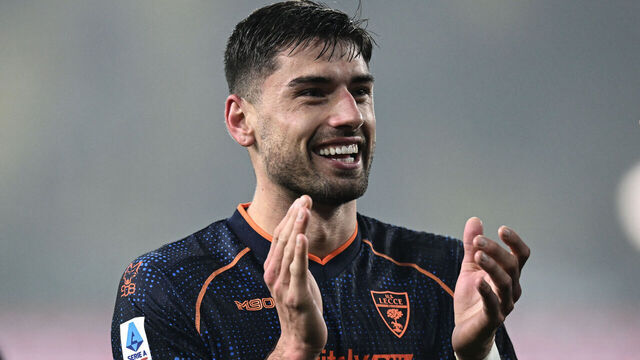 PARMA, ITALY - JANUARY 31: Santiago Pierotti of Lecce celebrates at the end of the match the Serie A match between Parma and Lecce at Stadio Ennio Tardini on January 31, 2025 in Parma, Italy.
