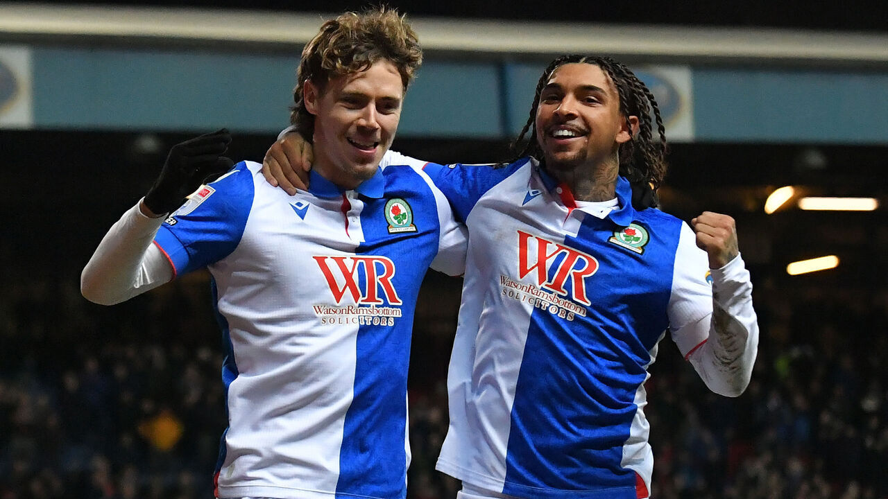 BLACKBURN, ENGLAND - JANUARY 31: Blackburn Rovers' Todd Cantwell is congratulated on scoring his team's second goal during the Sky Bet Championship match between Blackburn Rovers FC and Preston North End FC at Ewood Park on January 31, 2025 in Blackburn, England.