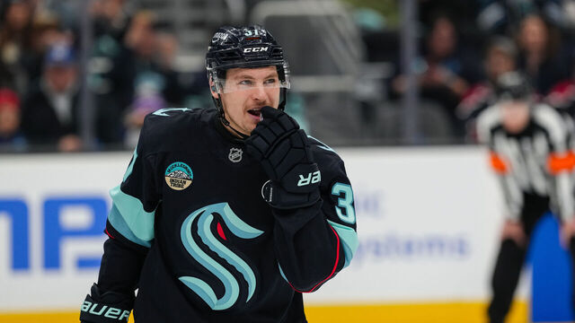 SEATTLE, WASHINGTON - JANUARY 02: Yanni Gourde #37 of the Seattle Kraken looks on during the third period of a game against the Vancouver Canucks at Climate Pledge Arena on January 02, 2025 in Seattle, Washington.