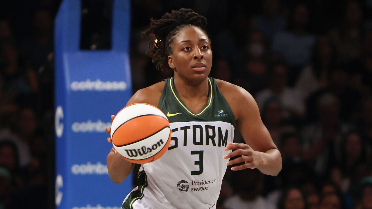 NEW YORK, NEW YORK - SEPTEMBER 05: Nneka Ogwumike #3 of the Seattle Storm plays against the New York Liberty at Barclays Center on September 05, 2024 in the Brooklyn borough of New York City.