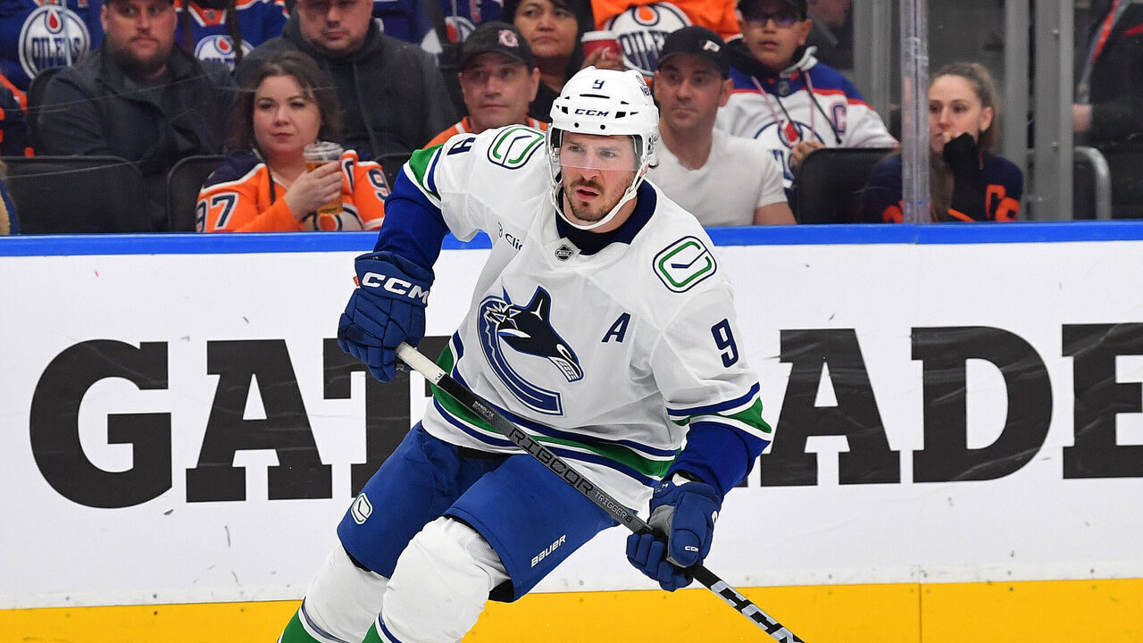 EDMONTON, CANADA - JANUARY 23: J.T. Miller #9 of the Vancouver Canucks in action during the game against the Edmonton Oilers at Rogers Place on January 23, 2025, in Edmonton, Alberta, Canada.