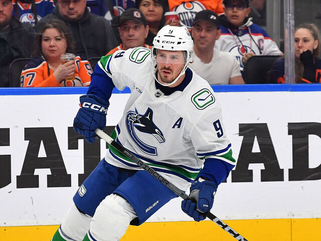 EDMONTON, CANADA - JANUARY 23: J.T. Miller #9 of the Vancouver Canucks in action during the game against the Edmonton Oilers at Rogers Place on January 23, 2025, in Edmonton, Alberta, Canada.