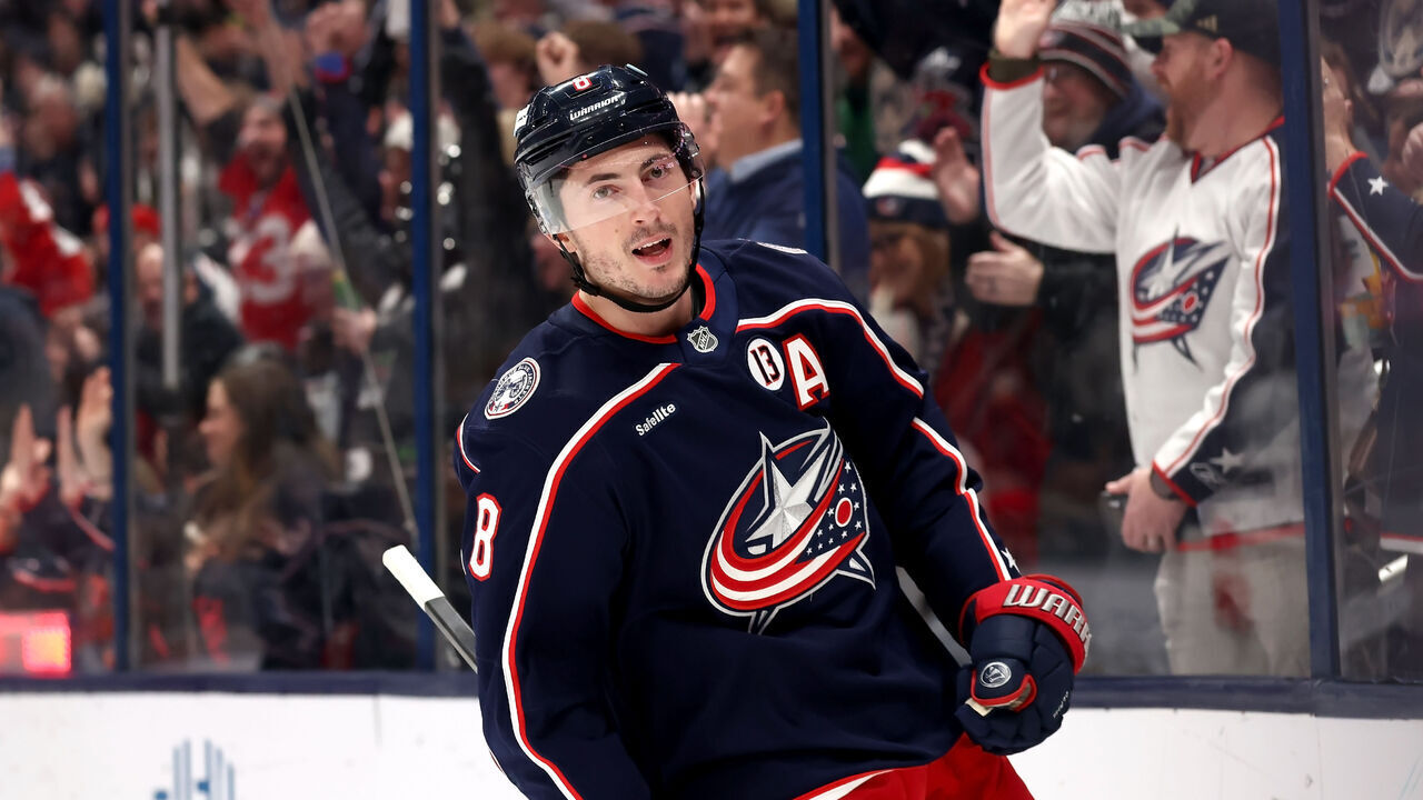 COLUMBUS, OHIO - JANUARY 25: Zach Werenski #8 of the Columbus Blue Jackets reacts after scoring a goal during the game against the Los Angeles Kings at Nationwide Arena on January 25, 2025 in Columbus, Ohio.