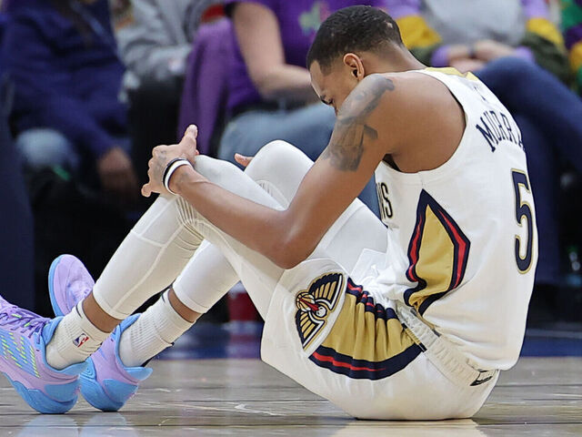 NEW ORLEANS, LOUISIANA - JANUARY 31: Dejounte Murray #5 of the New Orleans Pelicans leaves the game with an injury during the first half against the Boston Celtics at the Smoothie King Center on January 31, 2025 in New Orleans, Louisiana.