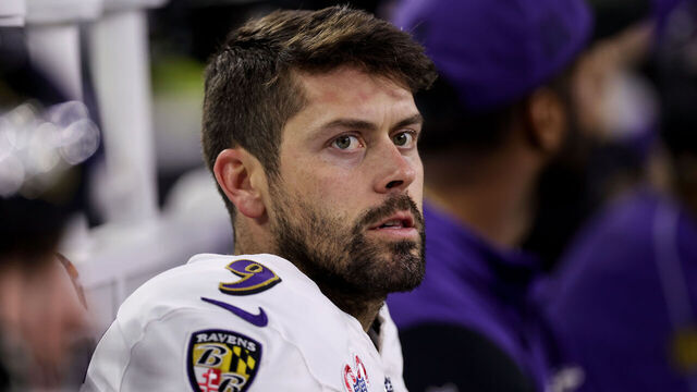 HOUSTON, TEXAS - DECEMBER 25: Justin Tucker #9 of the Baltimore Ravens sits on the bench in the second half against the Houston Texans at NRG Stadium on December 25, 2024 in Houston, Texas.