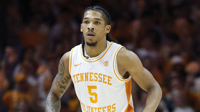 KNOXVILLE, TENNESSEE - JANUARY 28: Zakai Zeigler #5 of the Tennessee Volunteers looks on during the second half against the Kentucky Wildcats at Thompson-Boling Arena on January 28, 2025 in Knoxville, Tennessee.
