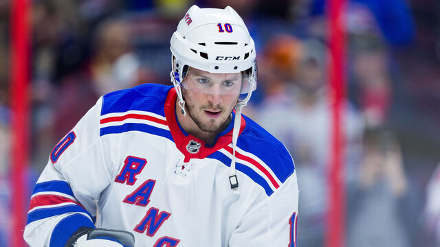 OTTAWA, ON - FEBRUARY 17: New York Rangers Winger J.T. Miller (10) participates in drills during warm-up before National Hockey League action between the New York Rangers and Ottawa Senators on February 17, 2018, at Canadian Tire Centre in Ottawa, ON, Canada.