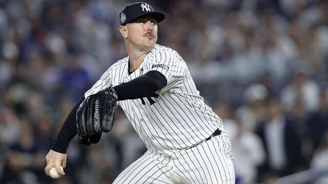 NEW YORK, NEW YORK - OCTOBER 30: (NEW YORK DAILIES OUT) Mark Leiter Jr. #38 of the New York Yankees in action against the Los Angeles Dodgers during Game Five of the 2024 World Series at Yankee Stadium on October 30, 2024 in New York City. The Dodgers defeated the Yankees 7-6.