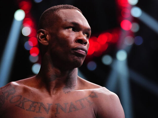 RIYADH, SAUDI ARABIA - FEBRUARY 01: Israel Adesanya of Nigeria prepares to face Nassourdine Imavov of Russia in a middleweight fight during the UFC Fight Night event at anb Arena on February 01, 2025 in Riyadh, Saudi Arabia.