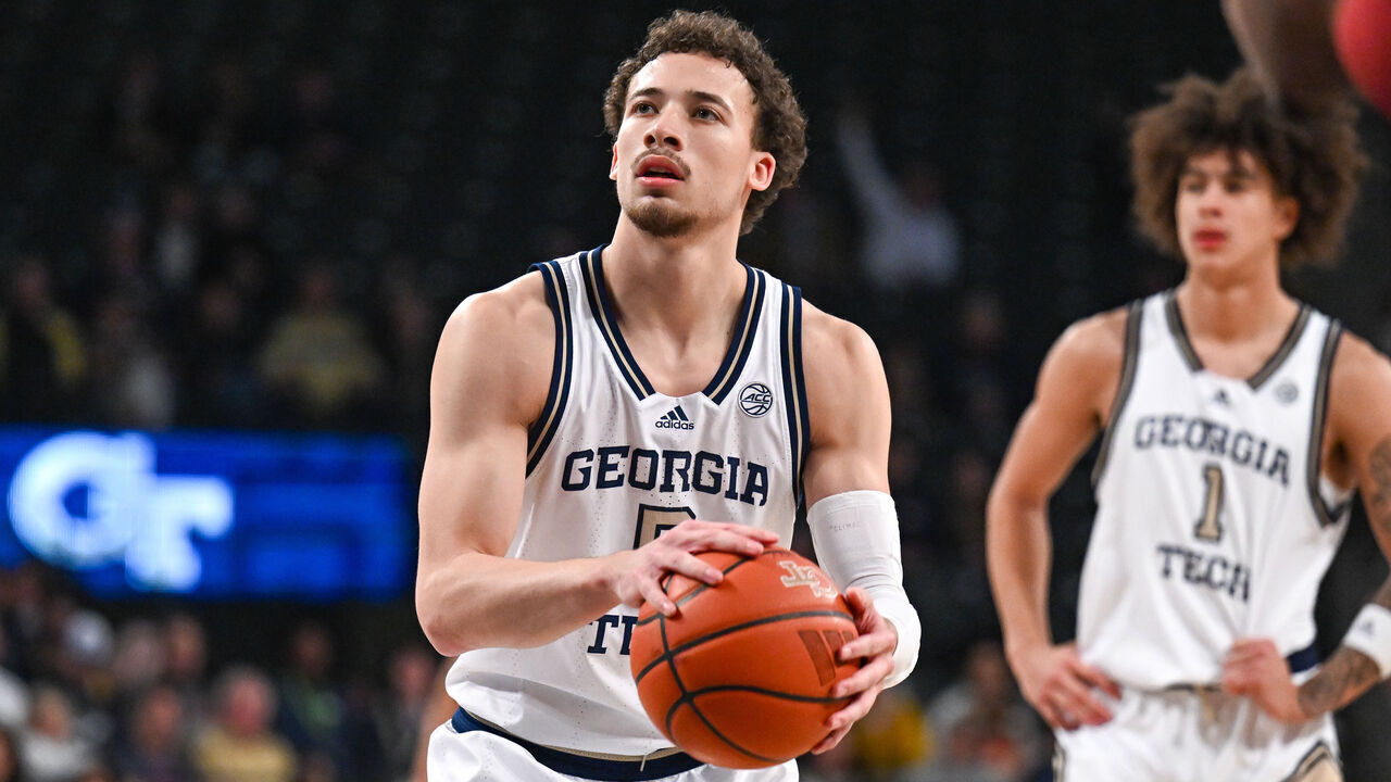 ATLANTA, GA JANUARY 04: Georgia Tech guard Lance Terry (0) shoots a free throw during the college basketball game between the Boston College Eagles and the Georgia Tech Yellow Jackets on January 4th, 2025 at Hank McCamish Pavilion in Atlanta, GA.