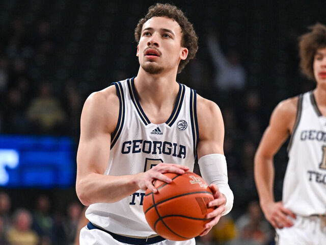 ATLANTA, GA JANUARY 04: Georgia Tech guard Lance Terry (0) shoots a free throw during the college basketball game between the Boston College Eagles and the Georgia Tech Yellow Jackets on January 4th, 2025 at Hank McCamish Pavilion in Atlanta, GA.