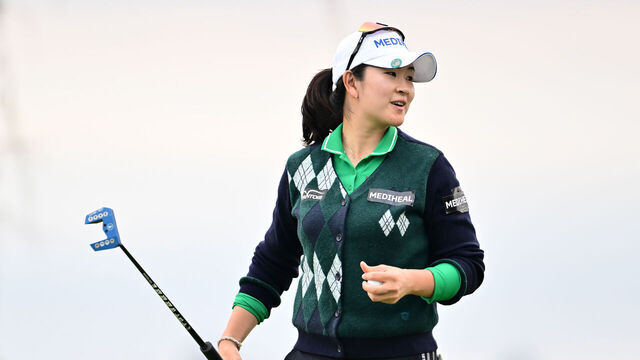 ORLANDO, FLORIDA - FEBRUARY 01: A Lim Kim of South Korea reacts on the 18th green during the third round of the Hilton Grand Vacations Tournament of Champions 2025 at Lake Nona Golf & Country Club on February 01, 2025 in Orlando, Florida.
