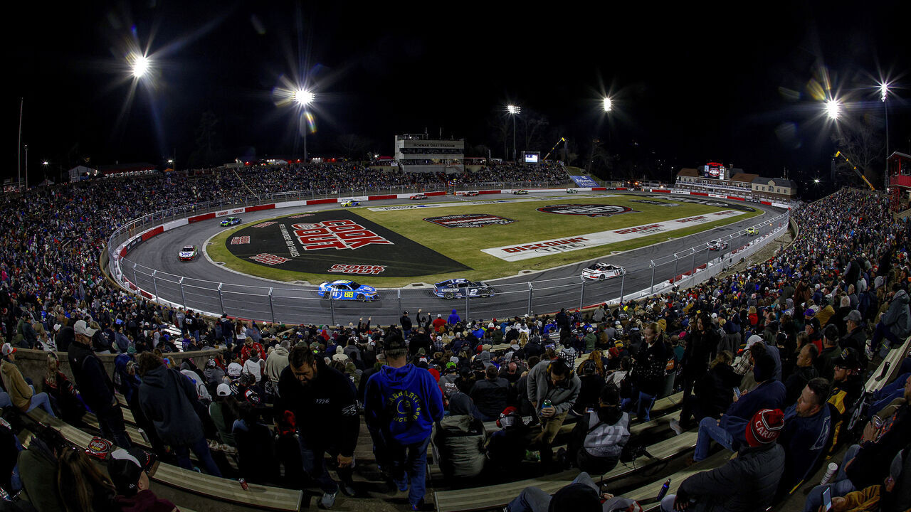 WINSTON SALEM, NORTH CAROLINA - FEBRUARY 01: A general view of cars during practice for the Cook Out Clash at Bowman Gray Stadium on February 01, 2025 in Winston Salem, North Carolina.