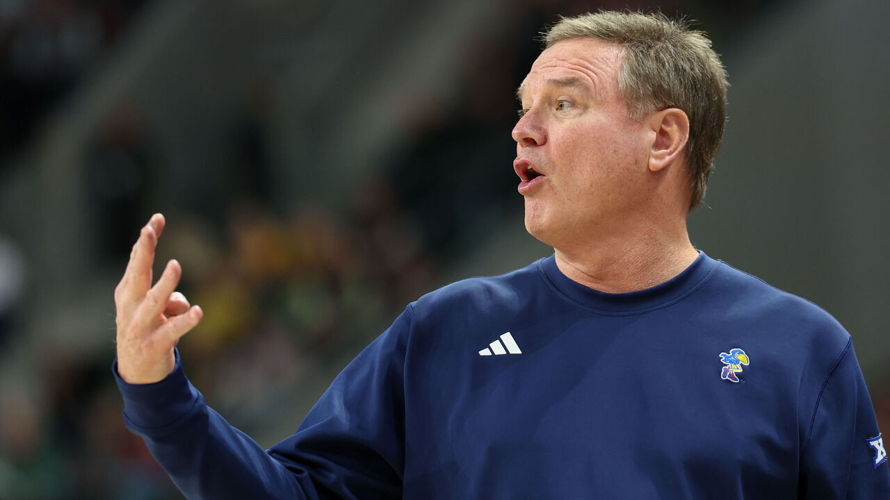 WACO, TX - FEBRUARY 01: Kansas Jayhawks head coach Bill Self signals to players on the court during the Big 12 college basketball game between Baylor Bears and Kansas Jayhawks on February 1, 2025, at Foster Pavilion in Waco, Texas.