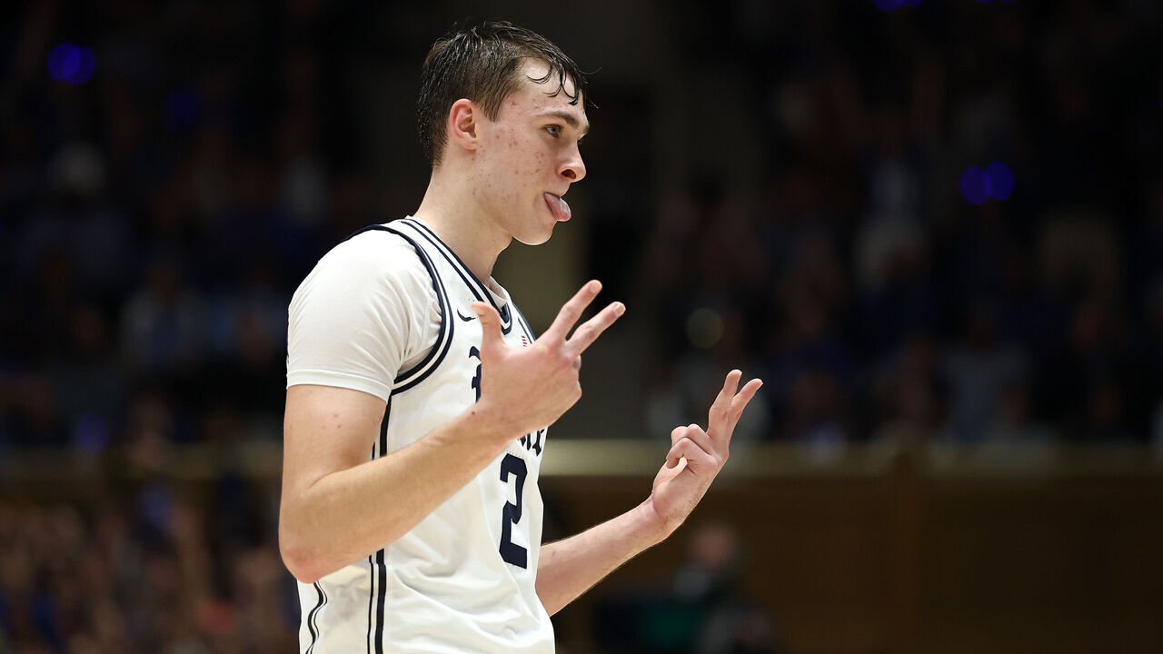 DURHAM, NORTH CAROLINA - FEBRUARY 01: Cooper Flagg #2 of the Duke Blue Devils reacts during the second half of the game against the North Carolina Tar Heels at Cameron Indoor Stadium on February 01, 2025 in Durham, North Carolina.