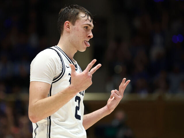 DURHAM, NORTH CAROLINA - FEBRUARY 01: Cooper Flagg #2 of the Duke Blue Devils reacts during the second half of the game against the North Carolina Tar Heels at Cameron Indoor Stadium on February 01, 2025 in Durham, North Carolina.