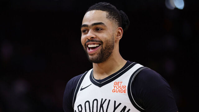 HOUSTON, TEXAS - FEBRUARY 01: D'Angelo Russell #1 of the Brooklyn Nets reacts after a game against the Houston Rockets at Toyota Center on February 01, 2025 in Houston, Texas.