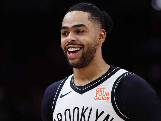 HOUSTON, TEXAS - FEBRUARY 01: D'Angelo Russell #1 of the Brooklyn Nets reacts after a game against the Houston Rockets at Toyota Center on February 01, 2025 in Houston, Texas.